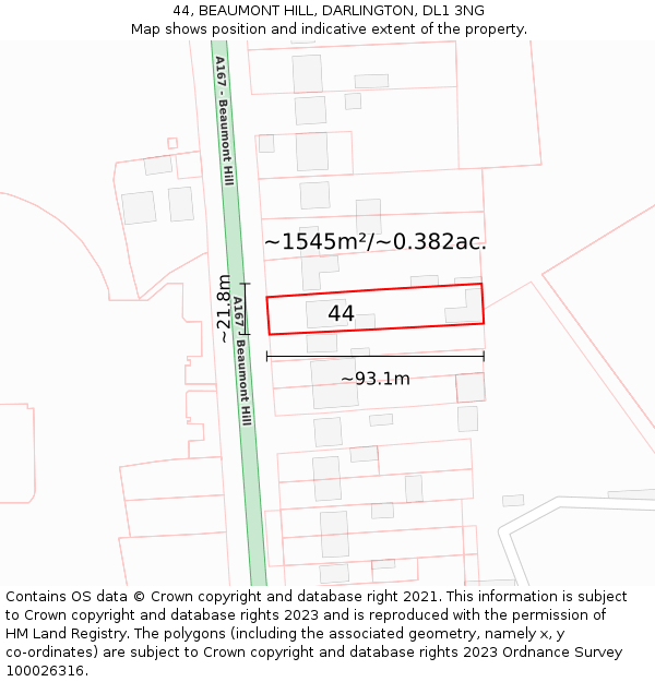 44, BEAUMONT HILL, DARLINGTON, DL1 3NG: Plot and title map