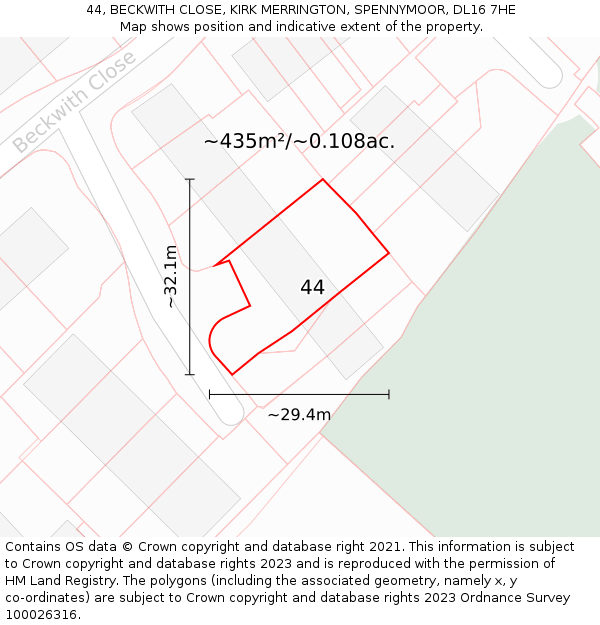 44, BECKWITH CLOSE, KIRK MERRINGTON, SPENNYMOOR, DL16 7HE: Plot and title map