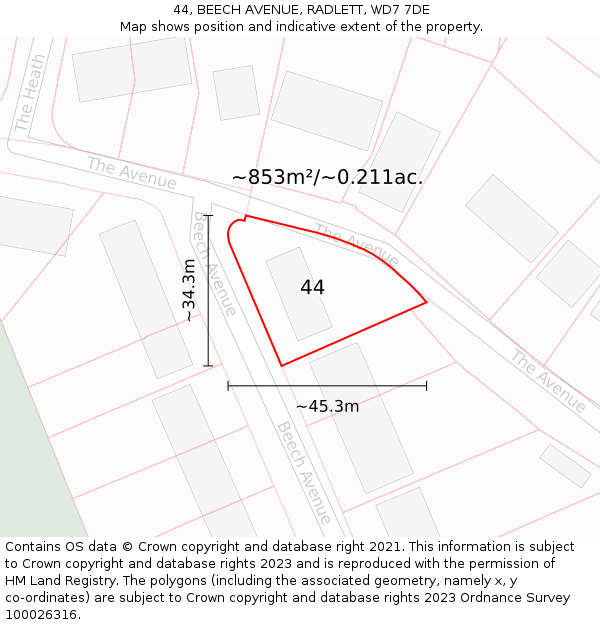 44, BEECH AVENUE, RADLETT, WD7 7DE: Plot and title map