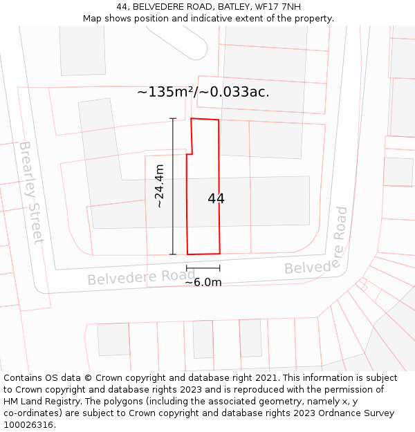 44, BELVEDERE ROAD, BATLEY, WF17 7NH: Plot and title map