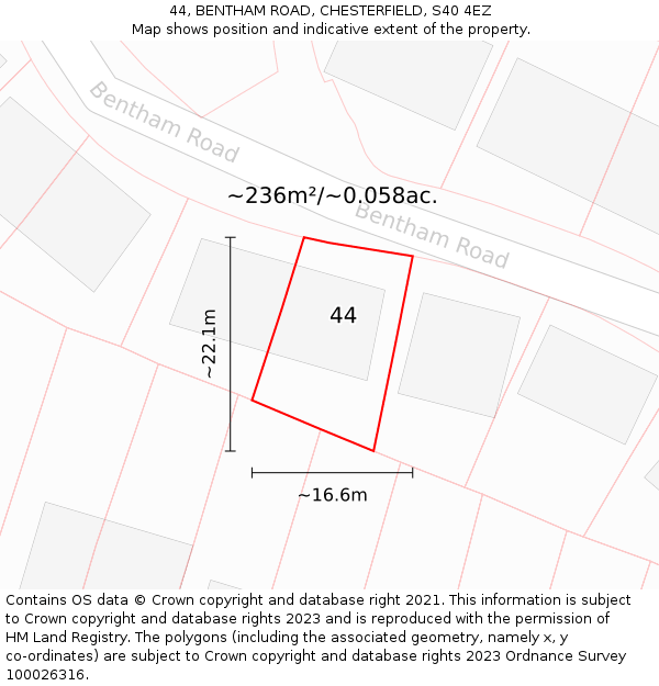 44, BENTHAM ROAD, CHESTERFIELD, S40 4EZ: Plot and title map