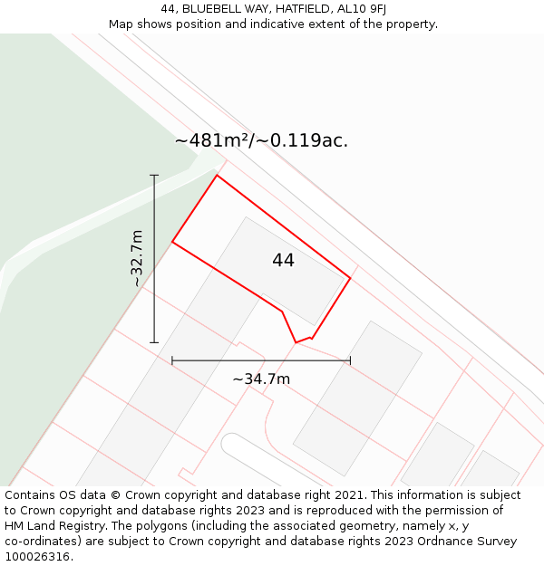 44, BLUEBELL WAY, HATFIELD, AL10 9FJ: Plot and title map