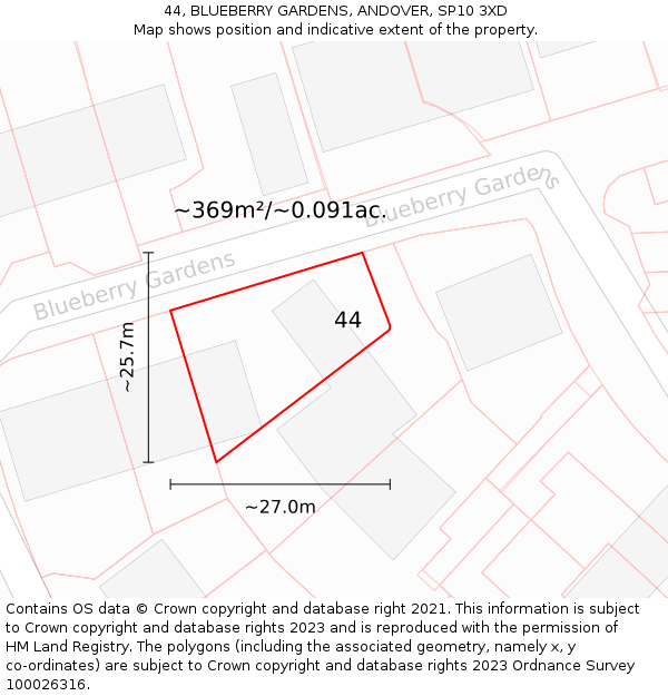 44, BLUEBERRY GARDENS, ANDOVER, SP10 3XD: Plot and title map