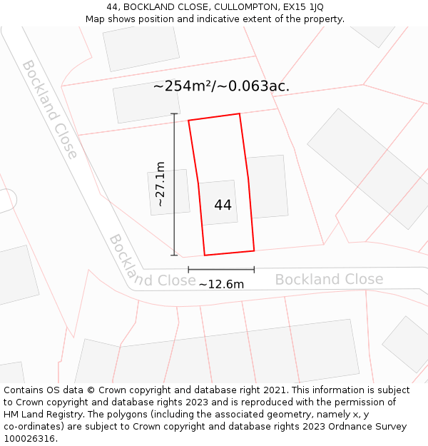 44, BOCKLAND CLOSE, CULLOMPTON, EX15 1JQ: Plot and title map
