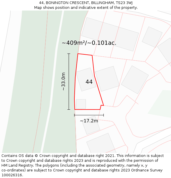 44, BONINGTON CRESCENT, BILLINGHAM, TS23 3WJ: Plot and title map