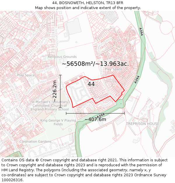 44, BOSNOWETH, HELSTON, TR13 8FR: Plot and title map