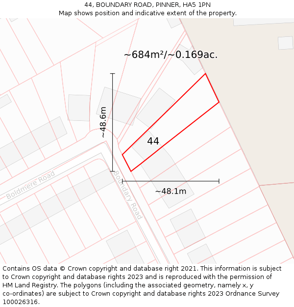 44, BOUNDARY ROAD, PINNER, HA5 1PN: Plot and title map