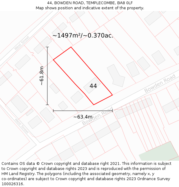 44, BOWDEN ROAD, TEMPLECOMBE, BA8 0LF: Plot and title map