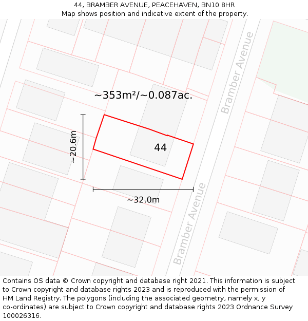 44, BRAMBER AVENUE, PEACEHAVEN, BN10 8HR: Plot and title map