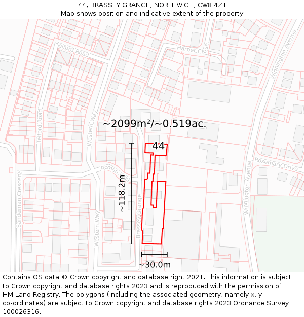 44, BRASSEY GRANGE, NORTHWICH, CW8 4ZT: Plot and title map