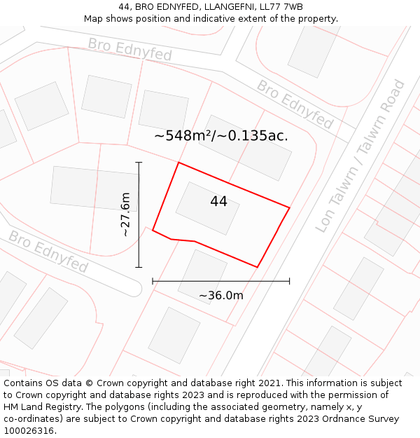 44, BRO EDNYFED, LLANGEFNI, LL77 7WB: Plot and title map