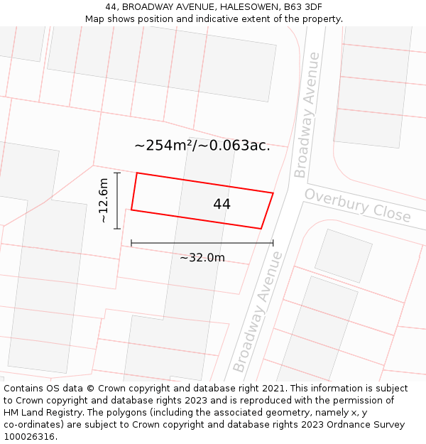 44, BROADWAY AVENUE, HALESOWEN, B63 3DF: Plot and title map