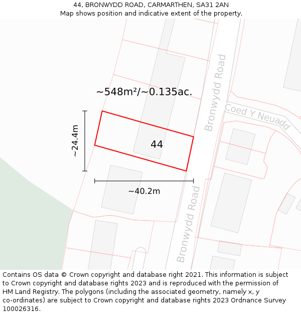 44, BRONWYDD ROAD, CARMARTHEN, SA31 2AN: Plot and title map