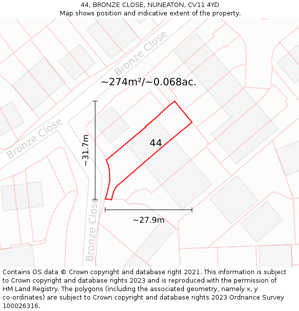 44, BRONZE CLOSE, NUNEATON, CV11 4YD: Plot and title map