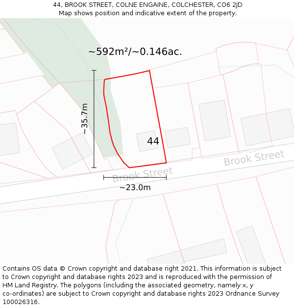 44, BROOK STREET, COLNE ENGAINE, COLCHESTER, CO6 2JD: Plot and title map