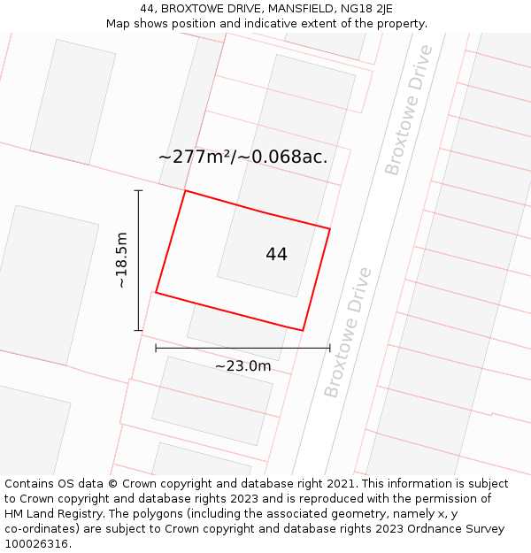 44, BROXTOWE DRIVE, MANSFIELD, NG18 2JE: Plot and title map