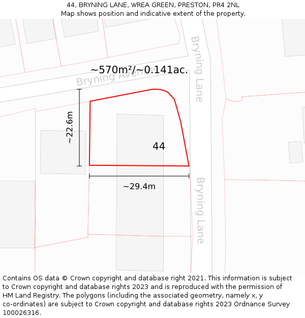 44, BRYNING LANE, WREA GREEN, PRESTON, PR4 2NL: Plot and title map