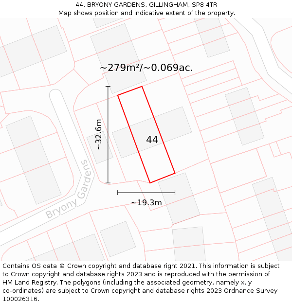 44, BRYONY GARDENS, GILLINGHAM, SP8 4TR: Plot and title map