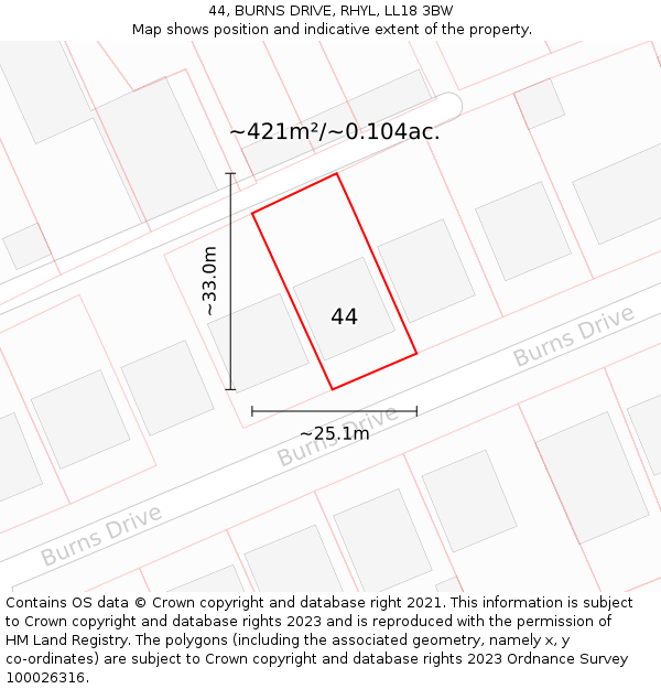 44, BURNS DRIVE, RHYL, LL18 3BW: Plot and title map