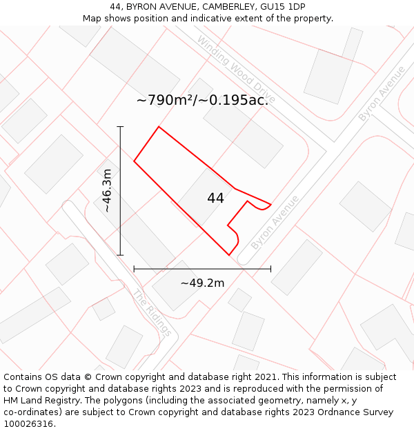 44, BYRON AVENUE, CAMBERLEY, GU15 1DP: Plot and title map