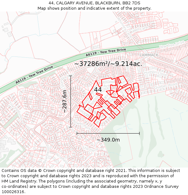 44, CALGARY AVENUE, BLACKBURN, BB2 7DS: Plot and title map