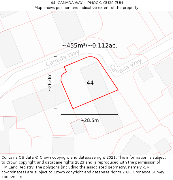 44, CANADA WAY, LIPHOOK, GU30 7UH: Plot and title map