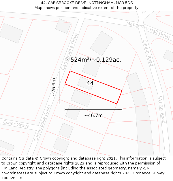 44, CARISBROOKE DRIVE, NOTTINGHAM, NG3 5DS: Plot and title map