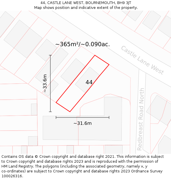 44, CASTLE LANE WEST, BOURNEMOUTH, BH9 3JT: Plot and title map