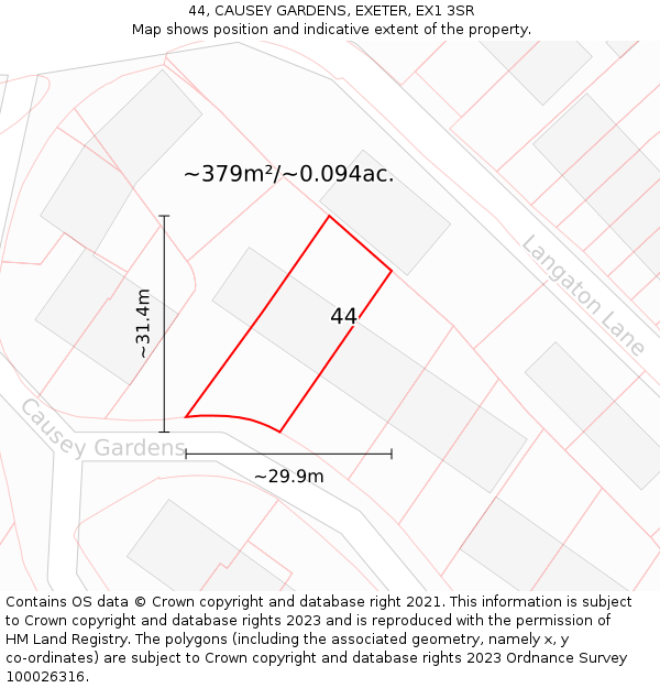 44, CAUSEY GARDENS, EXETER, EX1 3SR: Plot and title map