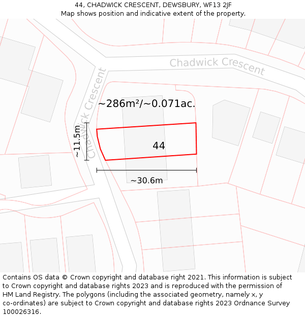 44, CHADWICK CRESCENT, DEWSBURY, WF13 2JF: Plot and title map