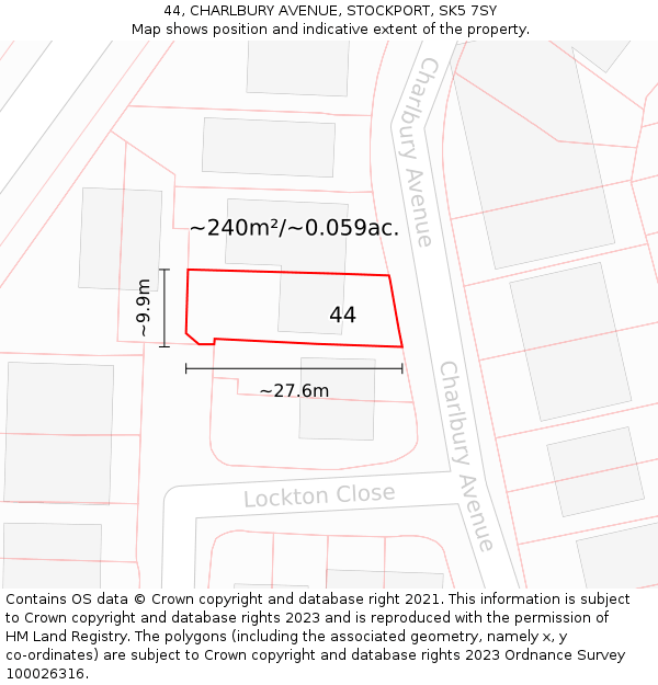 44, CHARLBURY AVENUE, STOCKPORT, SK5 7SY: Plot and title map