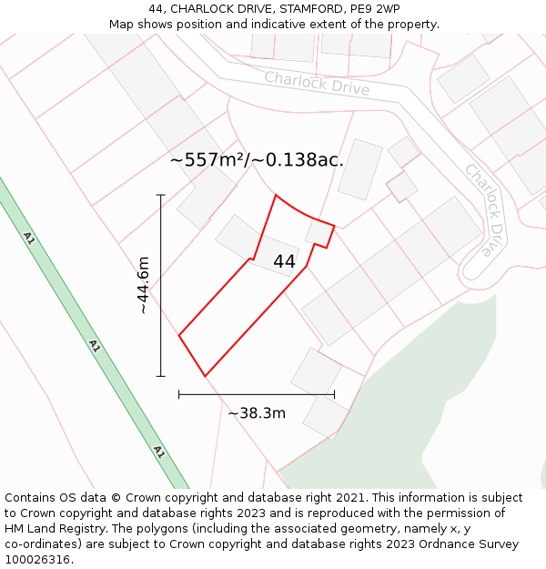 44, CHARLOCK DRIVE, STAMFORD, PE9 2WP: Plot and title map