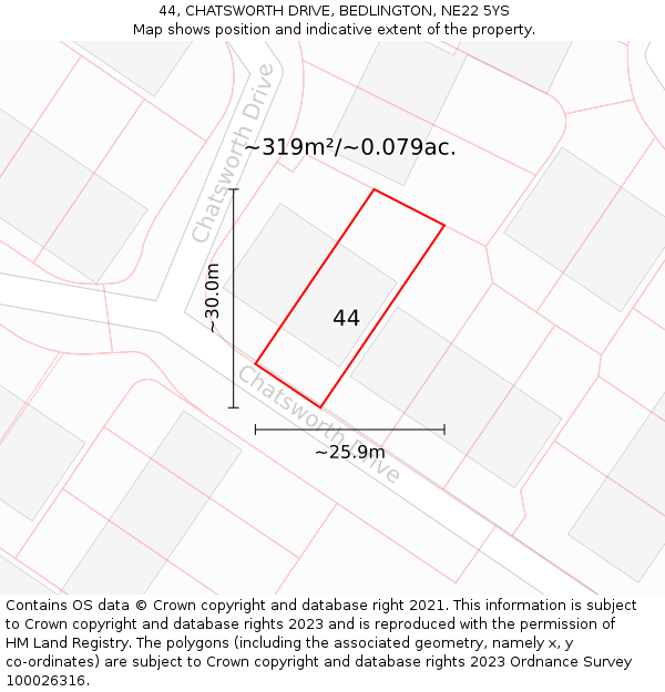 44, CHATSWORTH DRIVE, BEDLINGTON, NE22 5YS: Plot and title map