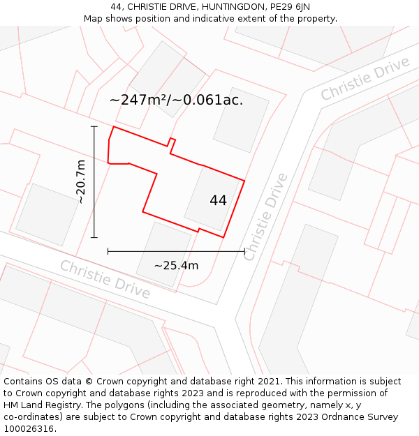 44, CHRISTIE DRIVE, HUNTINGDON, PE29 6JN: Plot and title map