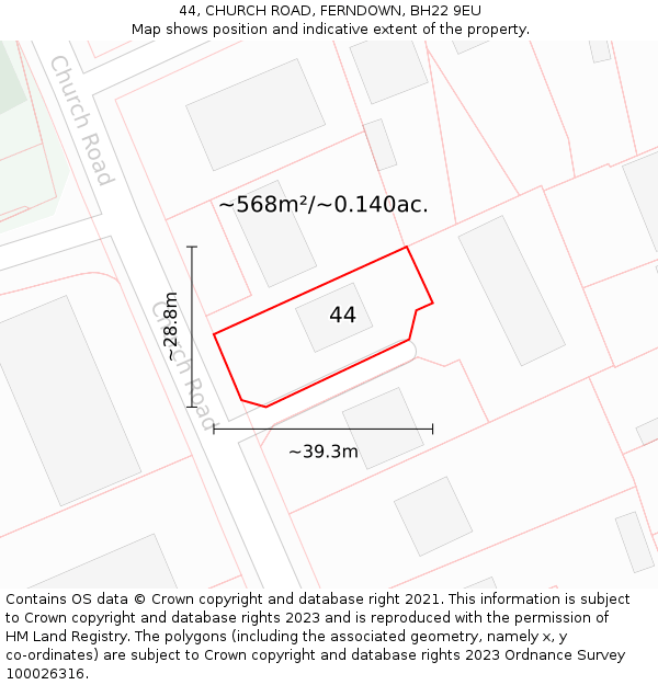 44, CHURCH ROAD, FERNDOWN, BH22 9EU: Plot and title map