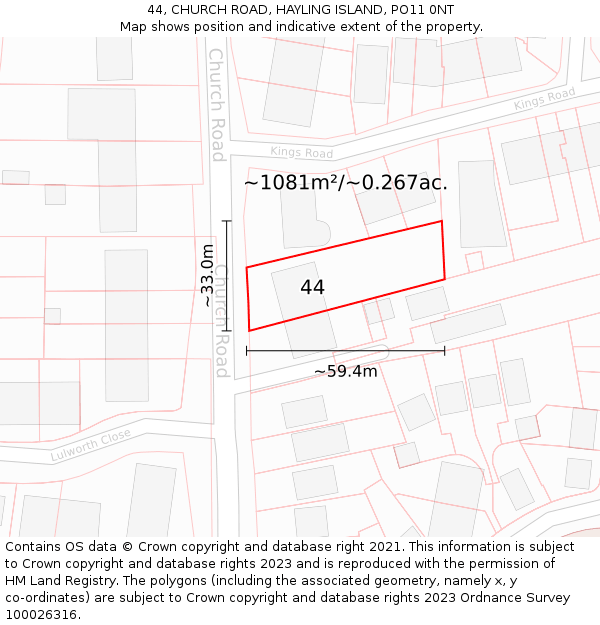 44, CHURCH ROAD, HAYLING ISLAND, PO11 0NT: Plot and title map