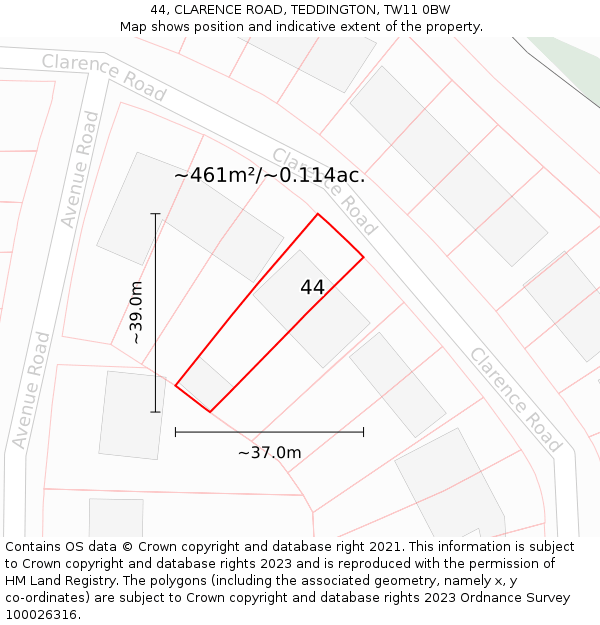 44, CLARENCE ROAD, TEDDINGTON, TW11 0BW: Plot and title map