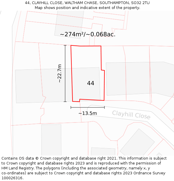 44, CLAYHILL CLOSE, WALTHAM CHASE, SOUTHAMPTON, SO32 2TU: Plot and title map