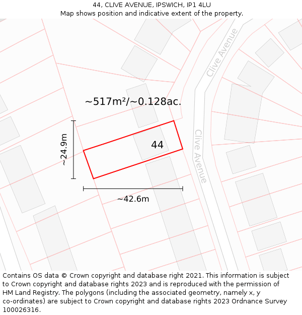 44, CLIVE AVENUE, IPSWICH, IP1 4LU: Plot and title map