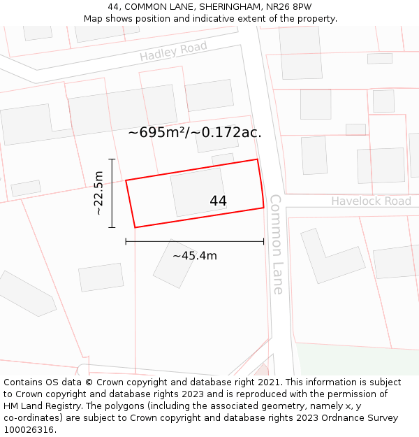 44, COMMON LANE, SHERINGHAM, NR26 8PW: Plot and title map