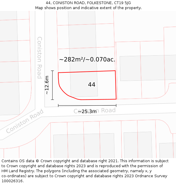 44, CONISTON ROAD, FOLKESTONE, CT19 5JG: Plot and title map