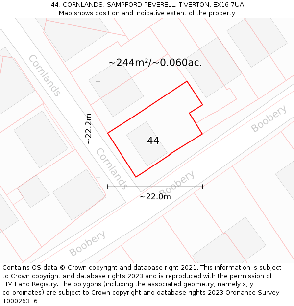 44, CORNLANDS, SAMPFORD PEVERELL, TIVERTON, EX16 7UA: Plot and title map