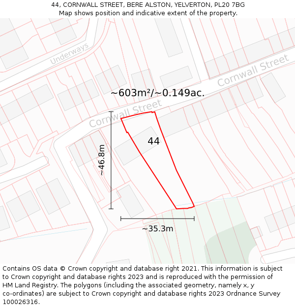 44, CORNWALL STREET, BERE ALSTON, YELVERTON, PL20 7BG: Plot and title map