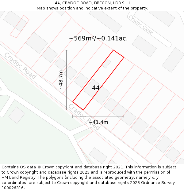 44, CRADOC ROAD, BRECON, LD3 9LH: Plot and title map