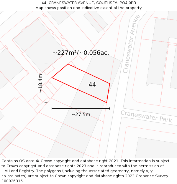 44, CRANESWATER AVENUE, SOUTHSEA, PO4 0PB: Plot and title map