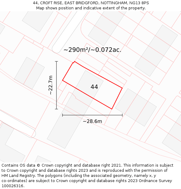 44, CROFT RISE, EAST BRIDGFORD, NOTTINGHAM, NG13 8PS: Plot and title map