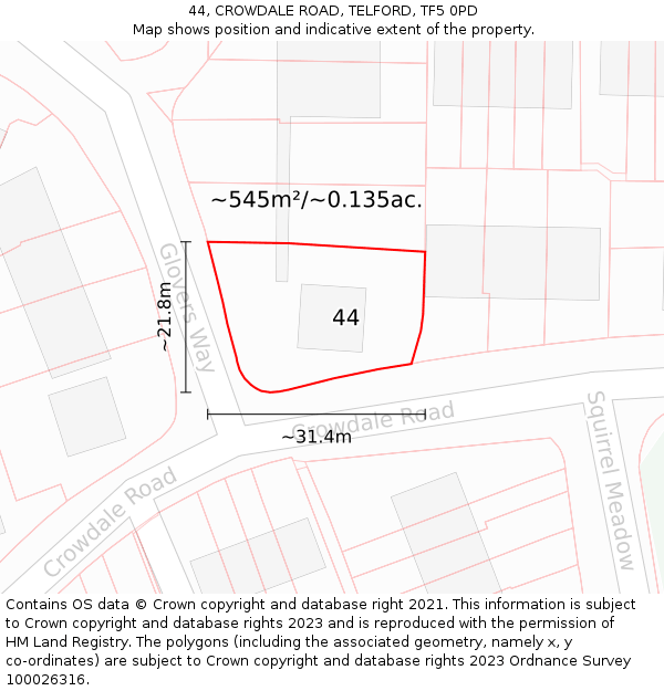 44, CROWDALE ROAD, TELFORD, TF5 0PD: Plot and title map