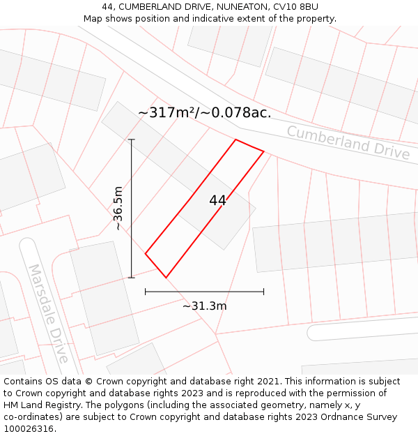 44, CUMBERLAND DRIVE, NUNEATON, CV10 8BU: Plot and title map