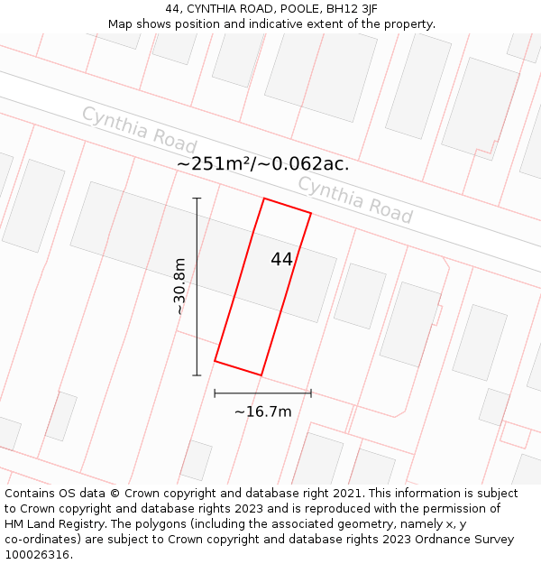 44, CYNTHIA ROAD, POOLE, BH12 3JF: Plot and title map