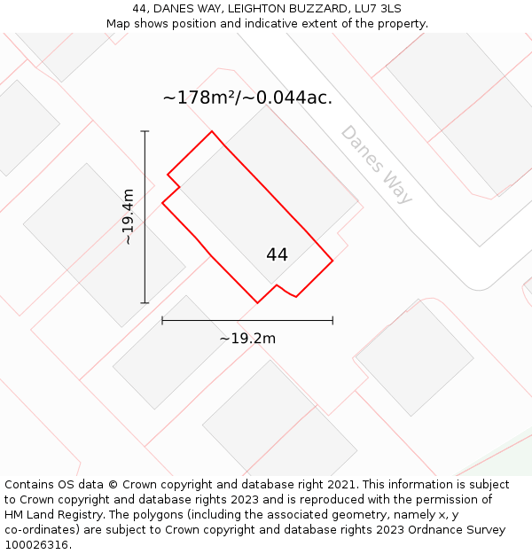 44, DANES WAY, LEIGHTON BUZZARD, LU7 3LS: Plot and title map